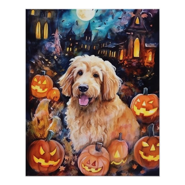 Póster Goldendoodle do Halloween Com Pumpkins Assustado (Frente)