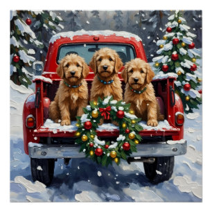 Póster Goldendoodle Natal Caminhão Vermelho Férias
