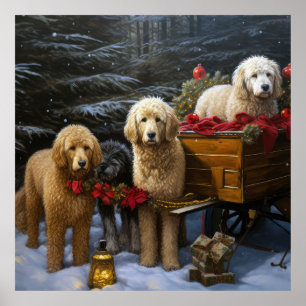 Poster Goldendoodle Snowy Sleigh Decência de Natal