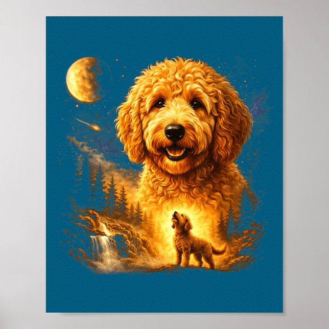 Poster Goldendoodle uivando para a lua vintage místico (Frente)