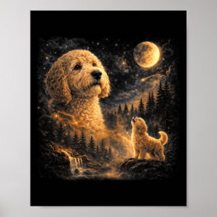 Poster Goldenoodle vintage uivando para a lua 90s retrô