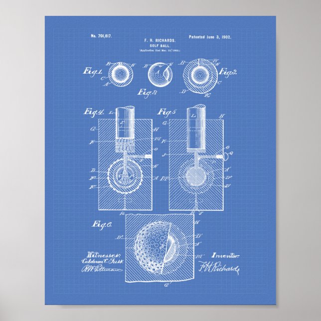 Póster Golf Ball 1902 Patent Art - Blueprint (Frente)