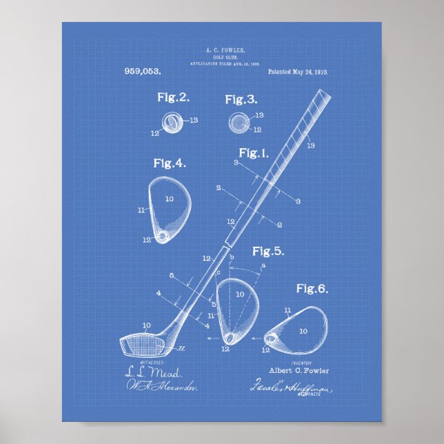 Poster Golf Club 1910 Patent Art - Blueprint (Frente)
