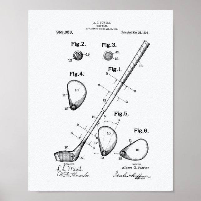 Póster Golf Club 1910 Patent Art - Livro Branco (Frente)