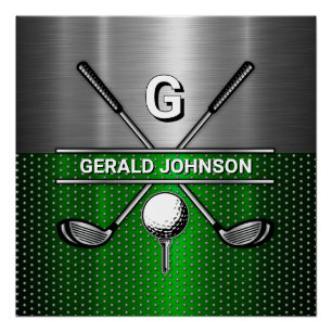Póster Golf Monograma Verde Metálico e Prata