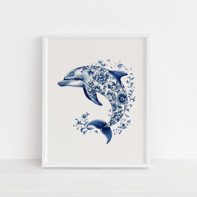 Poster Golfinho - Azul Costeiro na Arte da Parede bege (Dolphin – Coastal Blue on Beige Wall Art in a white frame on the floor.)