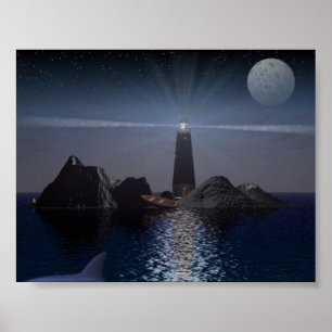 Poster Golfinho e farol na noite