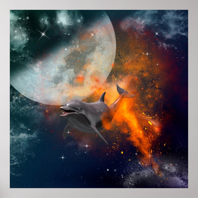 Póster Golfinho engraçado no universo (Frente)