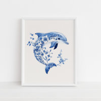 Golfinho Floral - Azul Costeiro na Arte de Parede