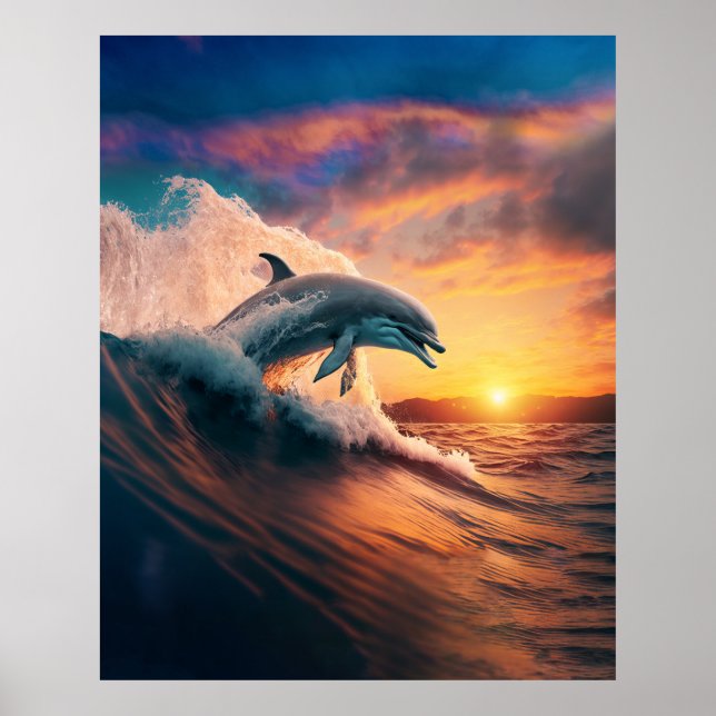 Poster Golfinho Realista Pulando Oceano Sunset Kids Adult (Frente)