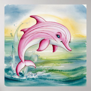 Poster Golfinho-rosa pintado com aquarela