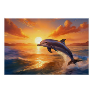 Póster Golfinho Saltando ao Pôr do Sol