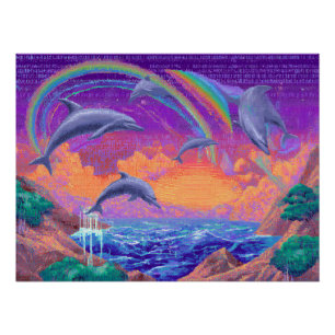 Póster Golfinhos Arco-íris Saltando Através dos Céus do P