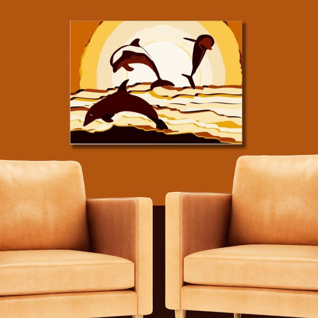 Poster Golfinhos De abstrato Oceano Saltando Ao Sunset (Three Jumping Dolphins at Sunset Poster)