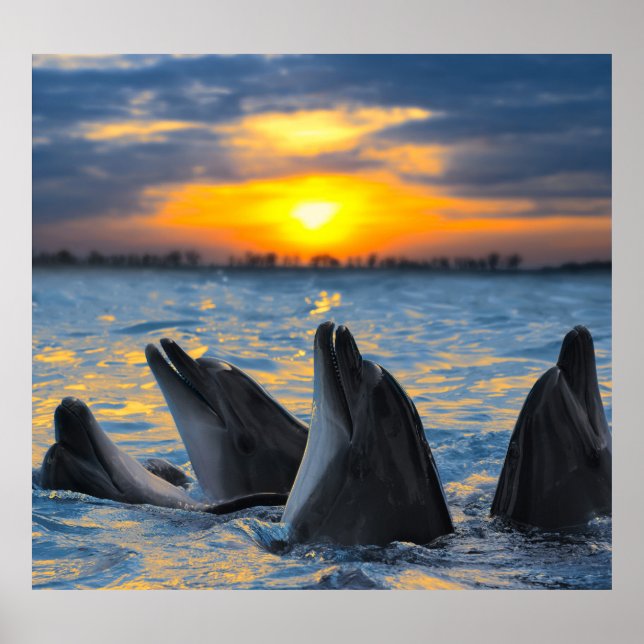 Poster Golfinhos de garganta, cena do sol no oceano. (Frente)