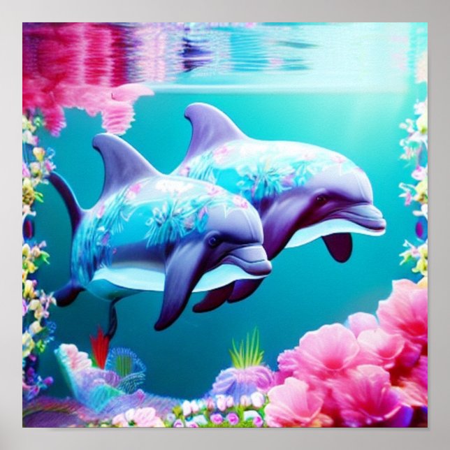 Poster Golfinhos e Flores Submarinos (Frente)