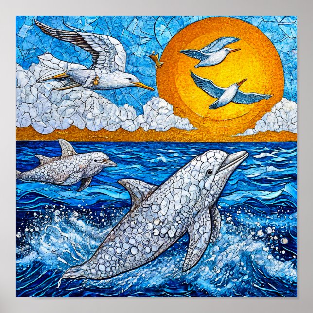 Poster Golfinhos E Gaivotas Mosaico Oceânico Costeiro (Frente)