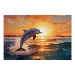 Póster Golfinhos saltam ao pôr do sol no oceano