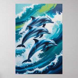 Poster Golfinhos Saltando Através de Ondas do Oceano Dinâ