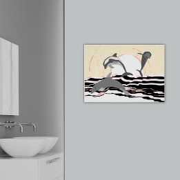 Poster Golfinhos Saltando no Oceano Abstrato ao Nascer do