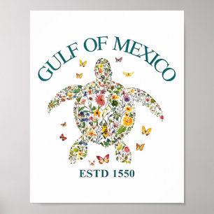 Poster Golfo Do México Não Eua América Tartaruga Floral U