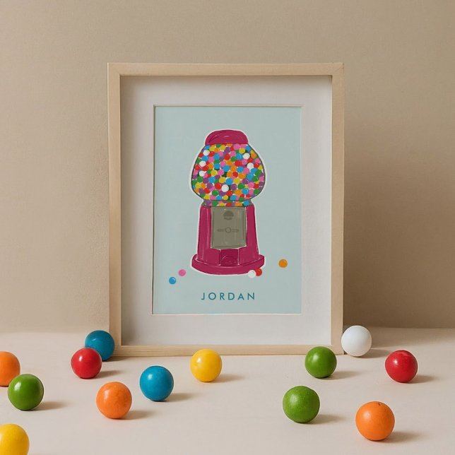 Poster Goma-Bolha de Doces com Mágica Rosa Personalizada (Pink retro gumball candy machine mint blue personalized kids art print.)