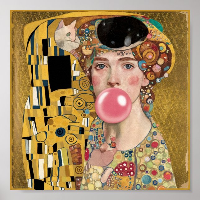 Poster Goma de bolhas rosa com arte de gato Gustav Klimt (Frente)