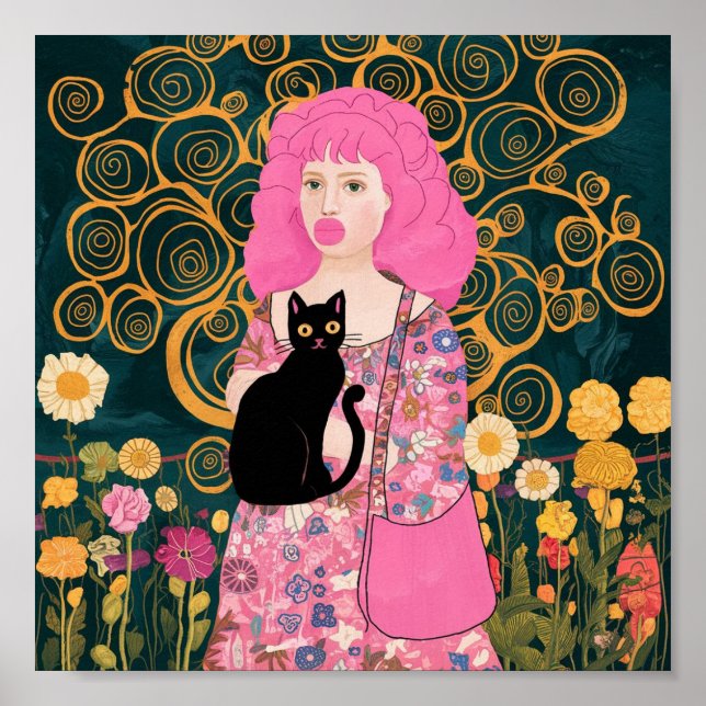 Poster Goma de bolhas rosa com arte de gato Gustav Klimt (Frente)