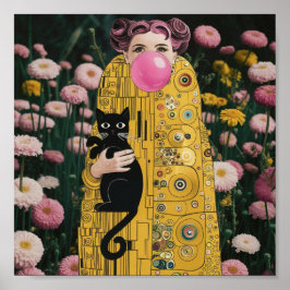 Poster Goma de bolhas rosa com arte de gato Gustav Klimt