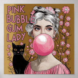 Poster Goma de bolhas rosa com goma de gato preto Gustav 