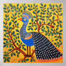 Gond Art Peacock Amarelo | Arte da Índia