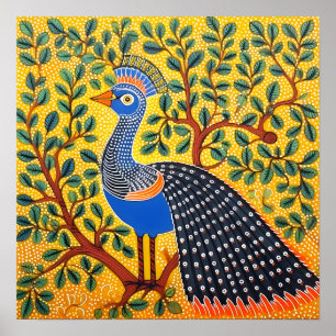 Poster Gond Art Peacock Amarelo   Arte da Índia