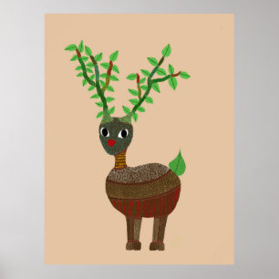 Poster Gond Reindeer Indian Folk Art Digital