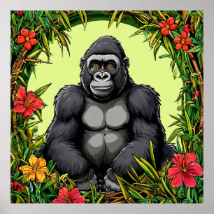 Poster Gorila em uma moldura de bambu tropical