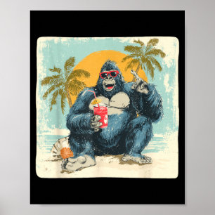 Poster Gorila Engraçado na Praia com Coquetéis e Palmeira