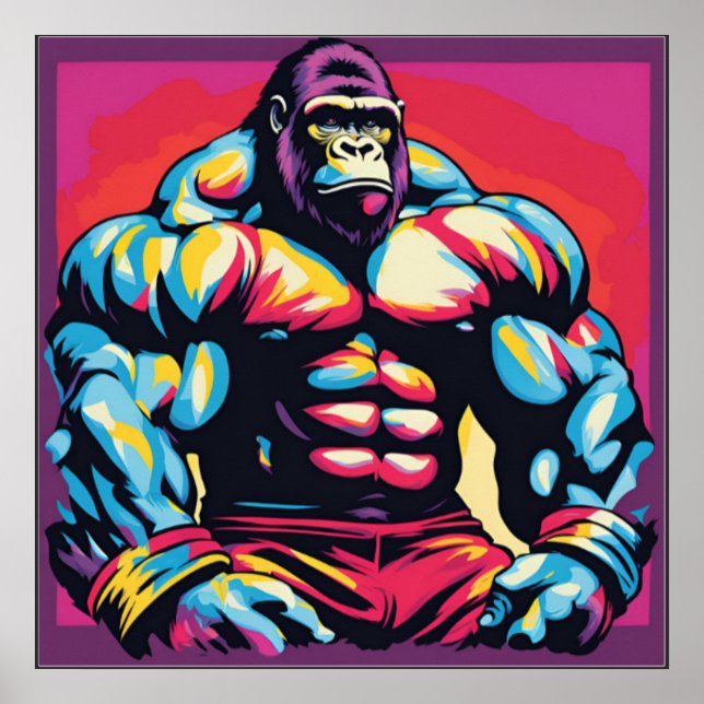 Poster Gorila Fisiculturista Levantador de Peso Pop Art C (Frente)