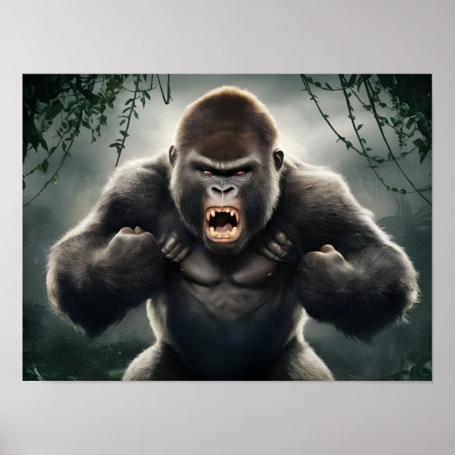 Poster Gorila Macaco Furioso Rajando na Selva (Frente)
