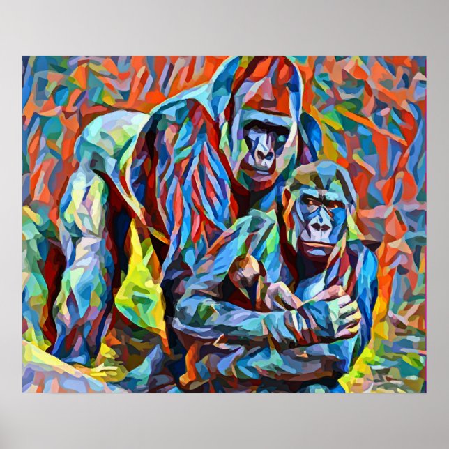 Poster Gorilla Ape Family Abstrato animais de arte selvag (Frente)