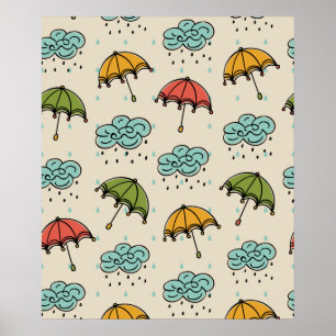 Póster Gotas de água chuvosa e Umbrellas