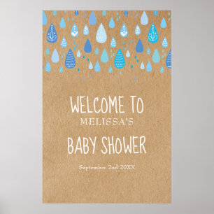 Poster Gotas de Chuva Azuis Boho Baby Shower / Bem-vindo 
