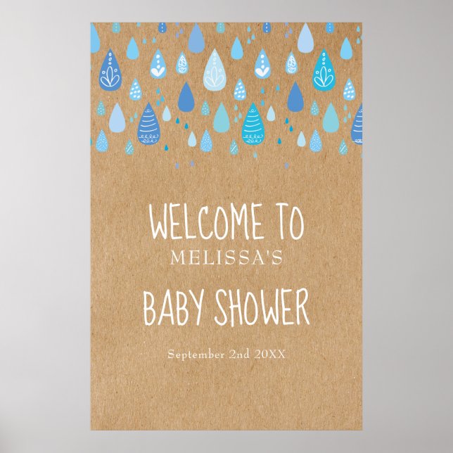 Poster Gotas de Chuva Azuis Boho Baby Shower / Bem-vindo  (Frente)