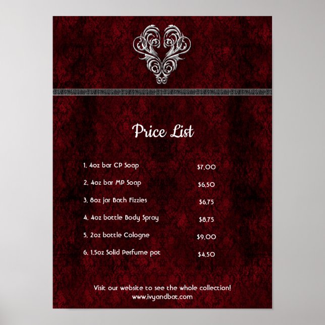 Poster Goth Vermelho Coração Prateado Damask (Frente)