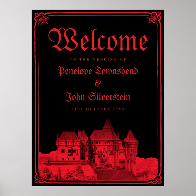 Poster Gothic Castle Border Black Red Wedding Welcome (Frente)