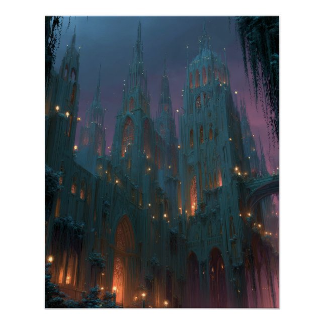 Póster Gothic Castle Under Aurora Fantasy Night Art (Frente)