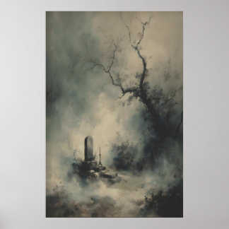 Poster Gothic Grave Under Foggy Trees Dark Halloween