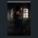 Póster Gothic Lace Woman Misty Stone Chamber<br><div class="desc">A striking woman in intricate black lace stands in profile within a misty, ruined stone chamber lit by soft diffused light through gothic arched windows. Long dark hair flows down her back while an elaborate silver-and-crimson gem necklace rests against her collarbone. Swirling fog and aged stone create layers of depth...</div>