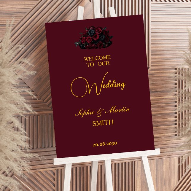 Poster Gothic Romance Burgundy Roses Elegant Welcome Sign (Criador carregado)