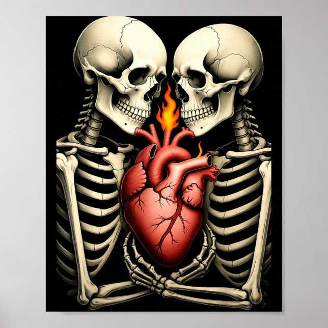 Poster Gothic Skull Couple Flaming Heart Dark Romance Sty (Frente)