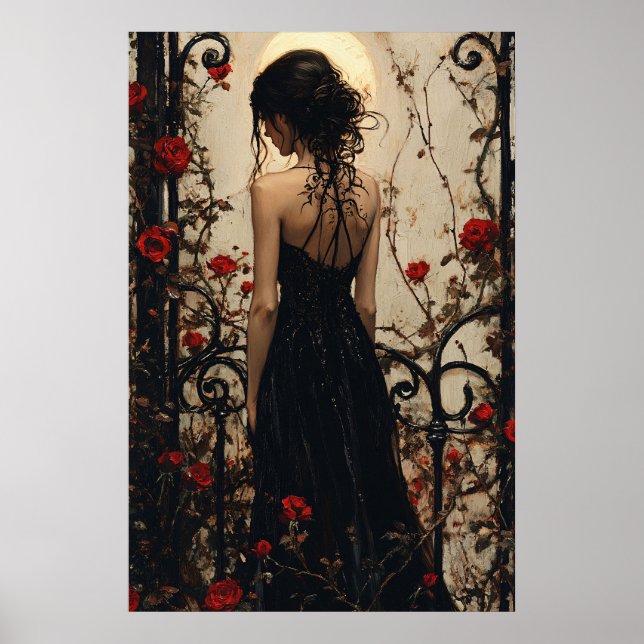 Poster Gothic Woman in Black Dress Among Red Roses (Frente)