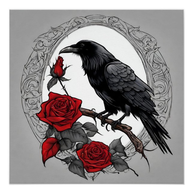 Póster Gótica Black Raven com Rosas vermelhas (Frente)